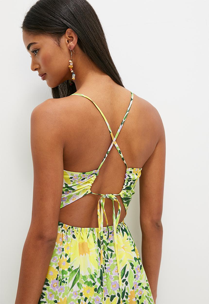 MILLA - Strappy fit & flare with tier hem- green & yellow 