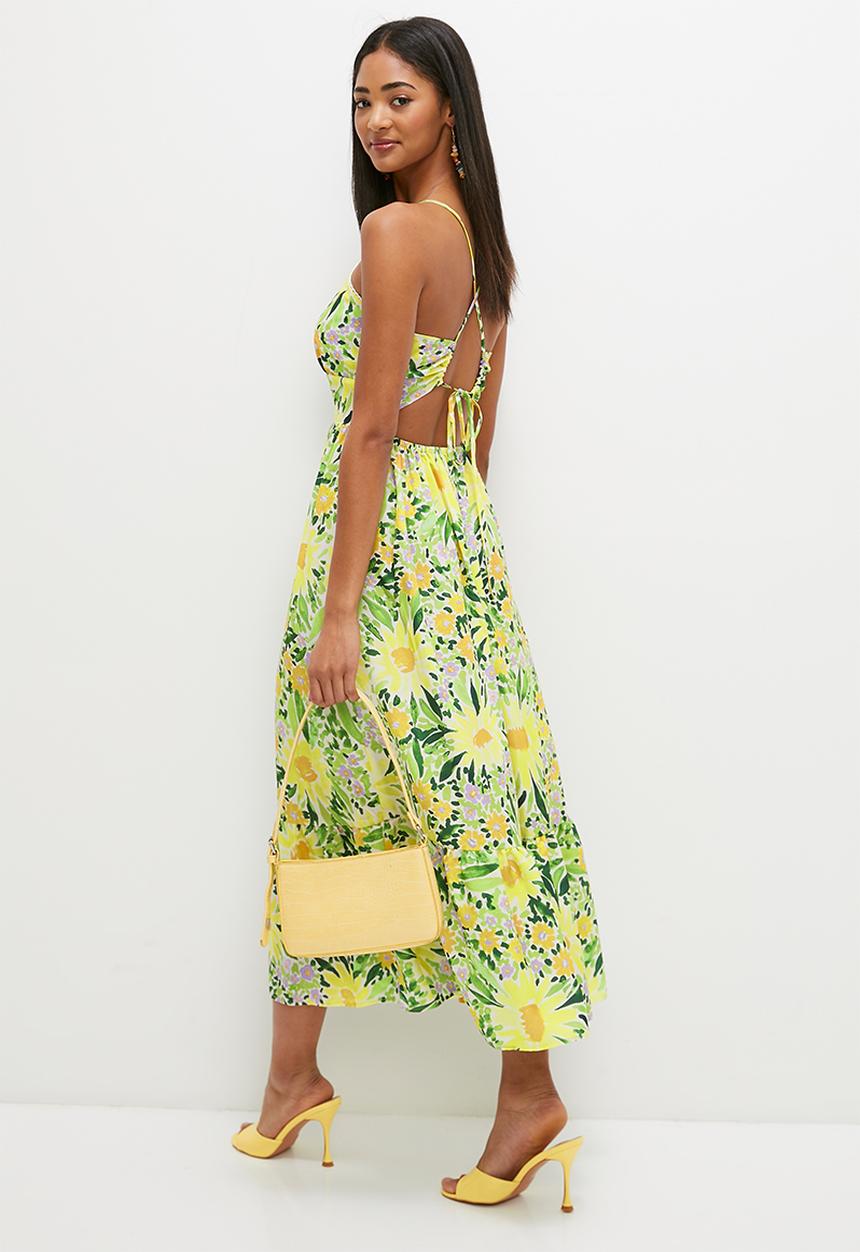 MILLA - Strappy fit & flare with tier hem- green & yellow 