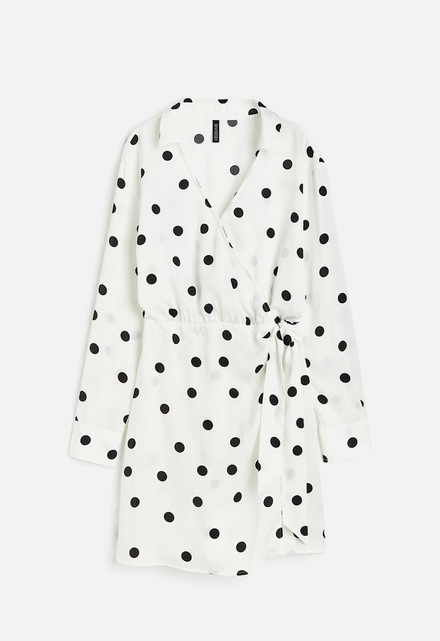 H&M - Satin wrap shirt dress - white spotted 