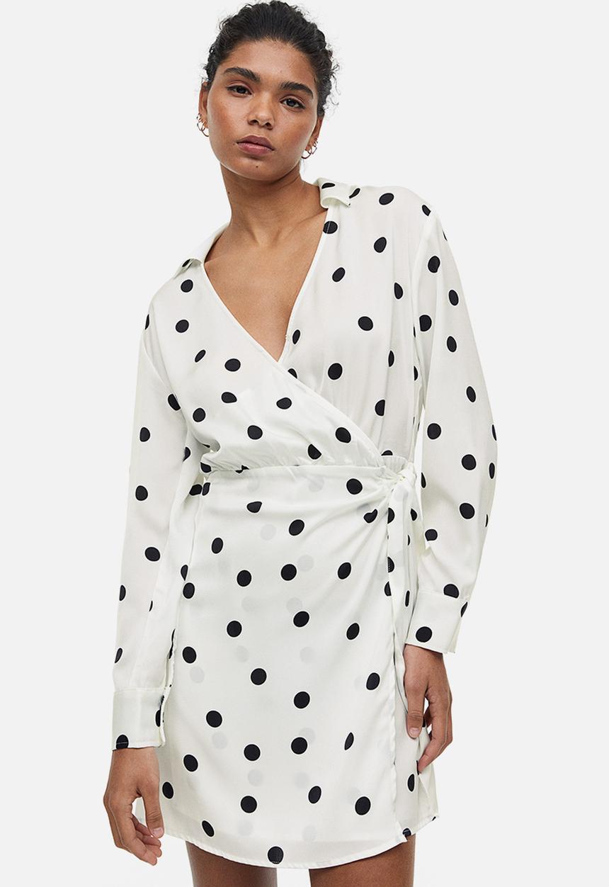 H&M - Satin wrap shirt dress - white spotted 