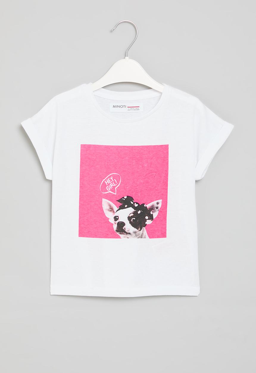 MINOTI - Girls basic hey girl roll sleeve tee - white