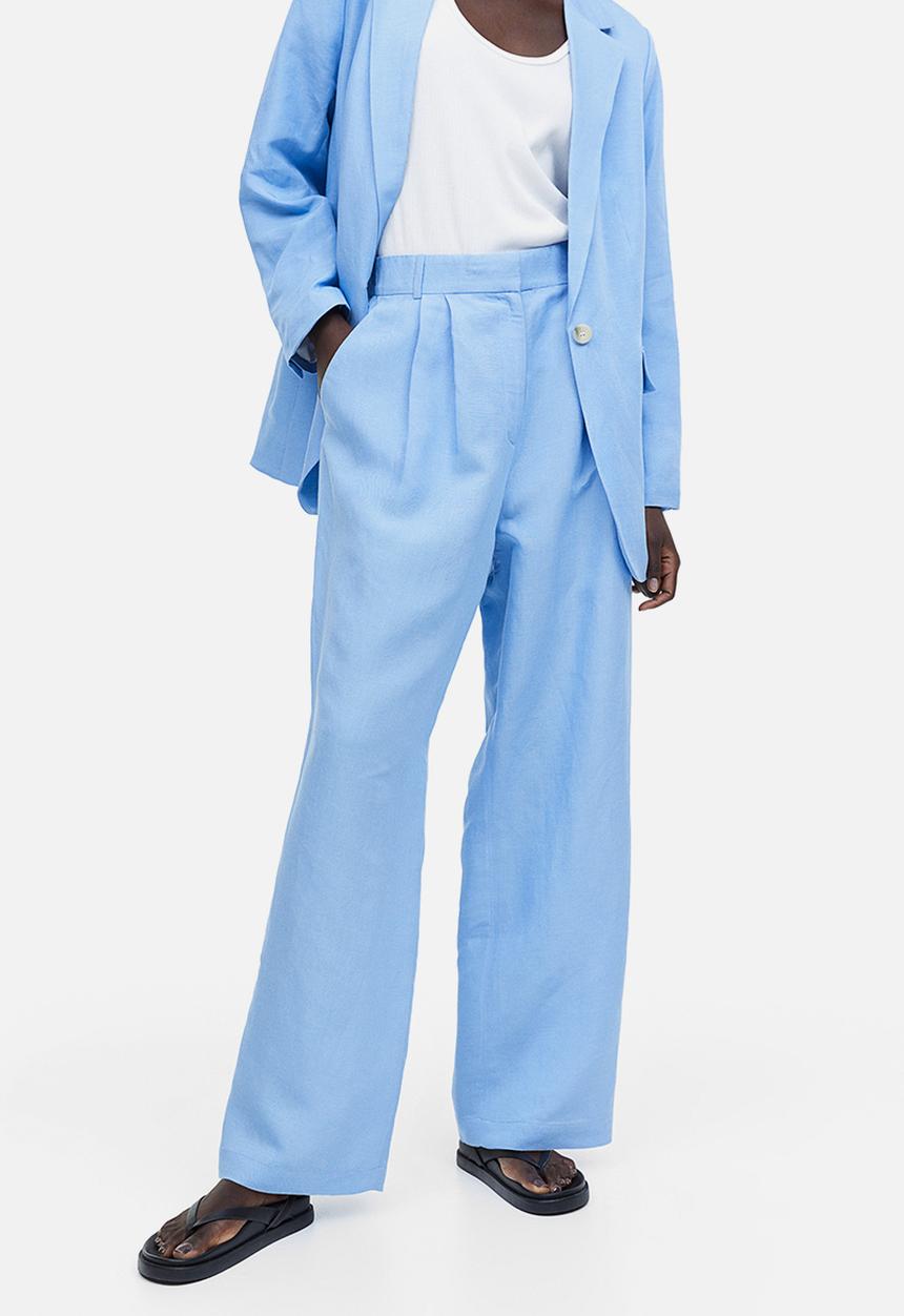 H&M - Wide linen-blend trousers - light blue