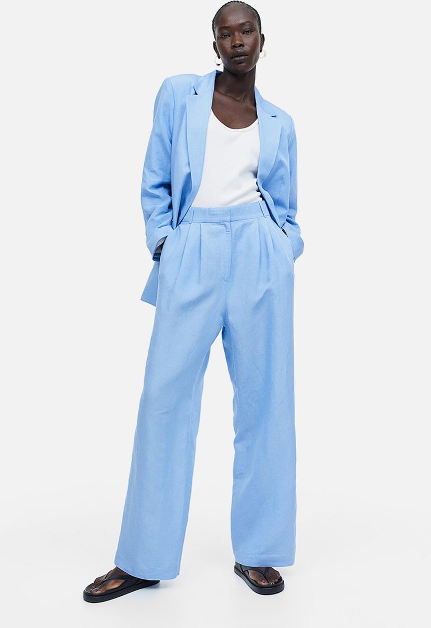 H&M - Wide linen-blend trousers - light blue
