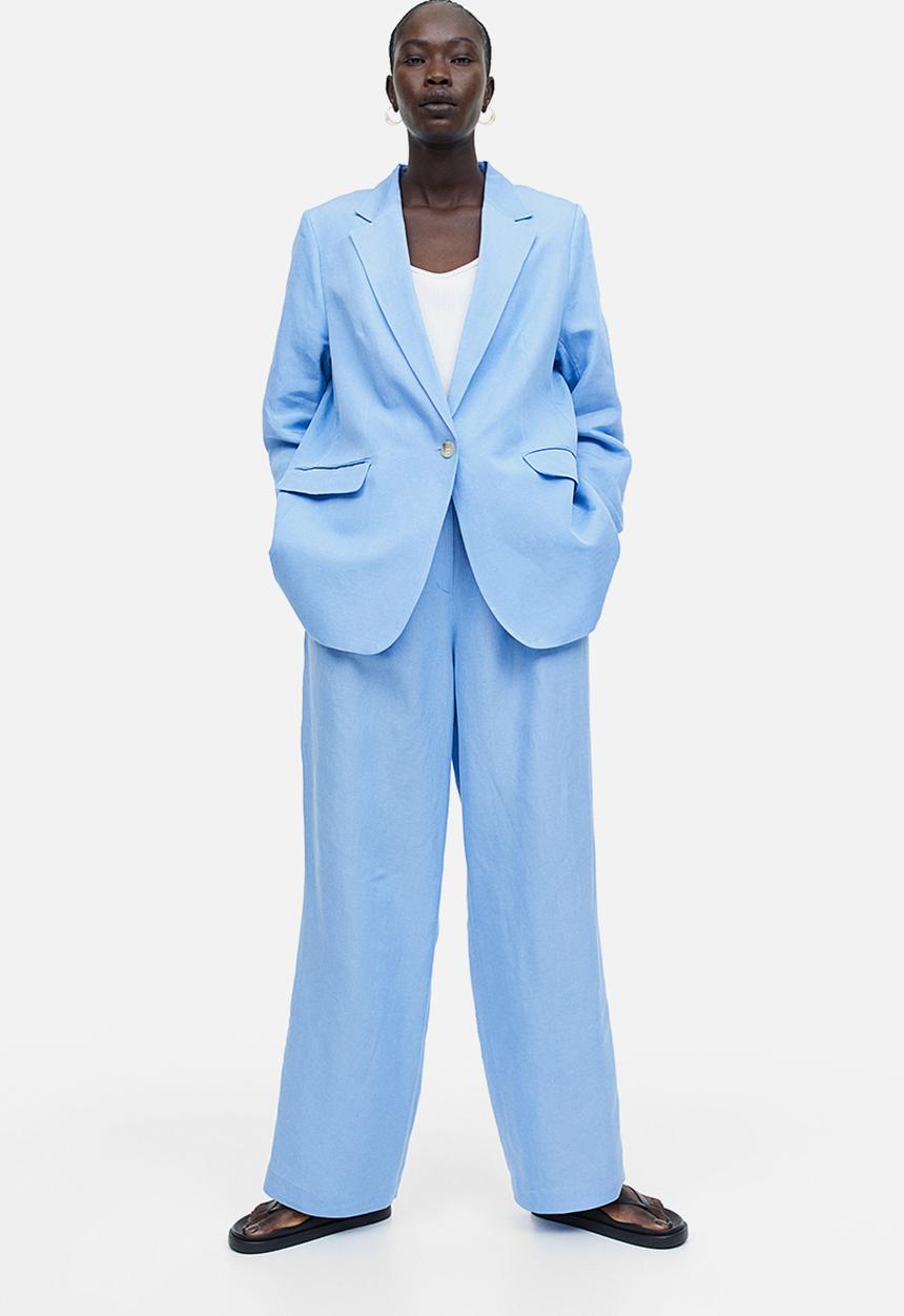 H&M - Wide linen-blend trousers - light blue