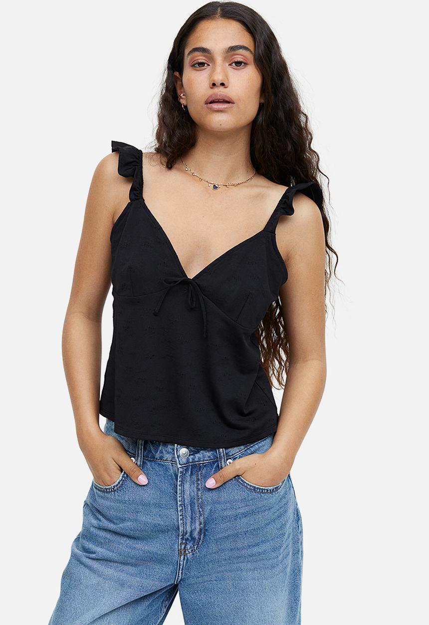 H&M - Tie-detail jersey top - black