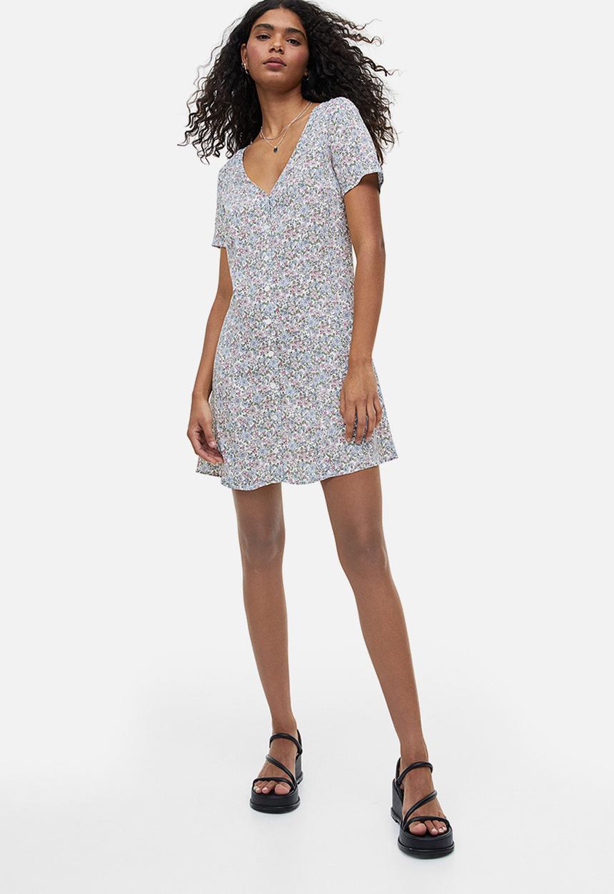 H&M - Tie-detail button-front dress - white/small flowers