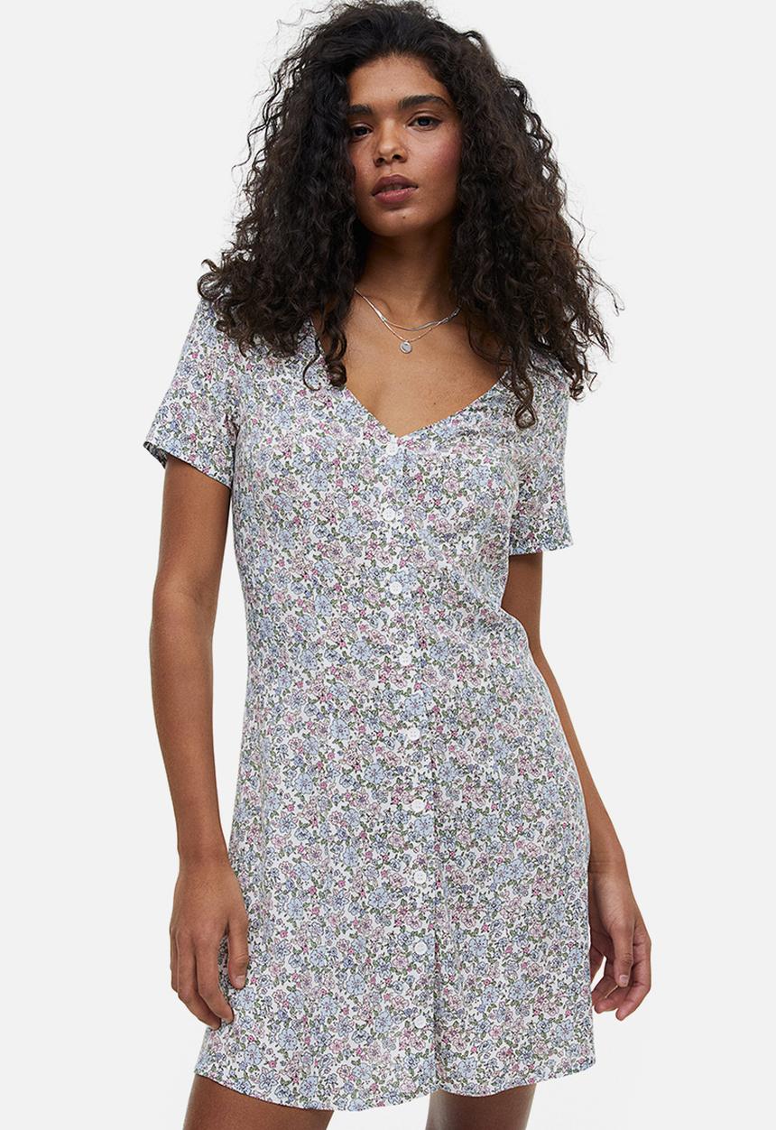 H&M - Tie-detail button-front dress - white/small flowers