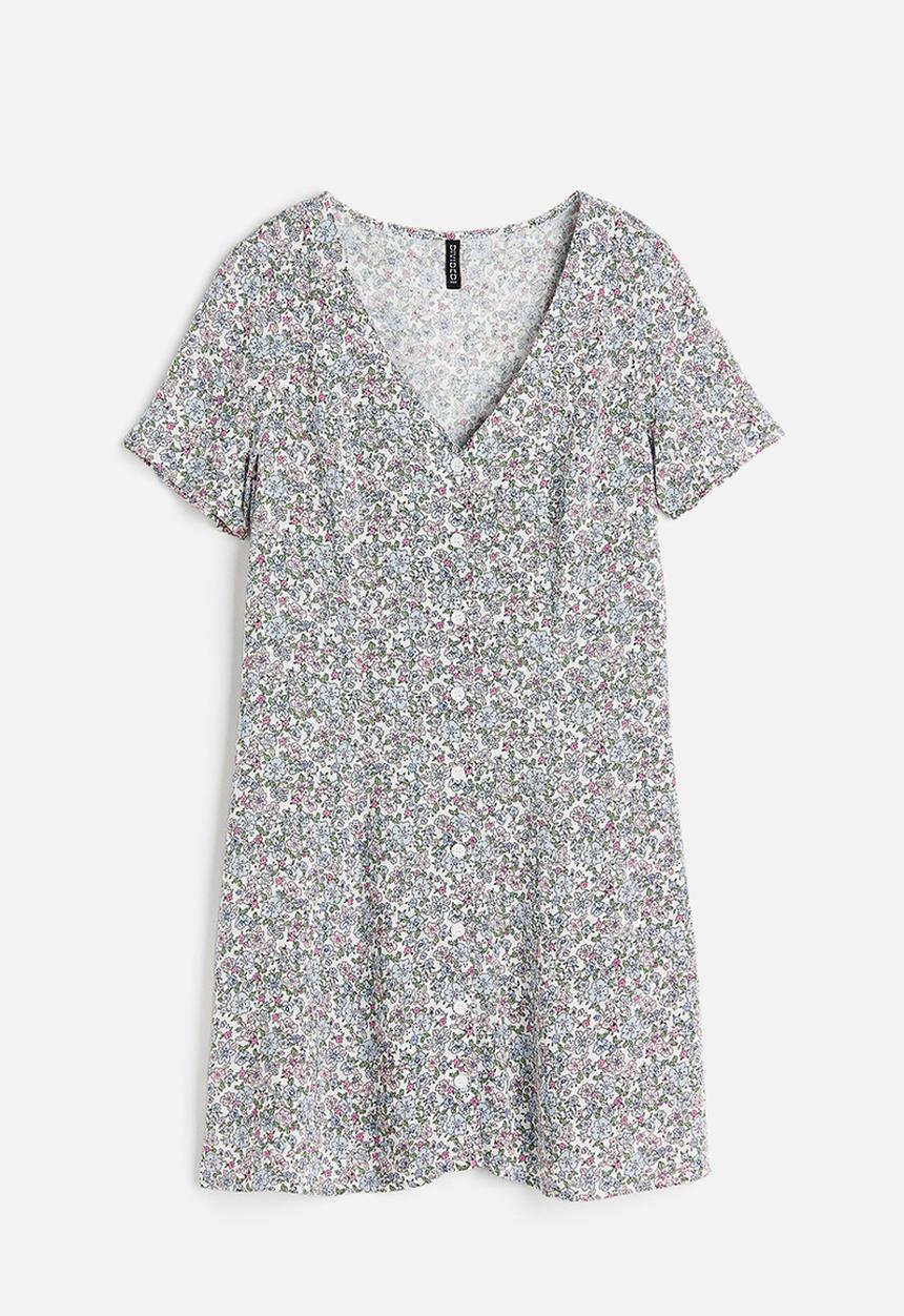 H&M - Tie-detail button-front dress - white/small flowers