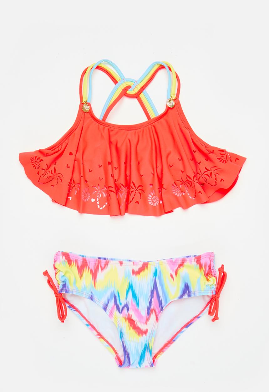 MINOTI - Girls coral 2 pack laser cut bikini - coral multi