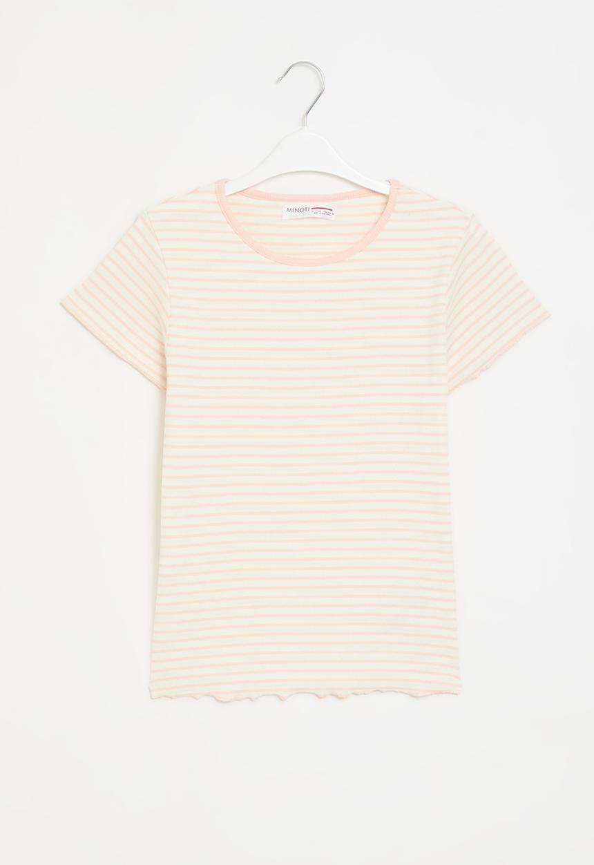 MINOTI - Girls cream pink stripe basic rib tee - cream pink