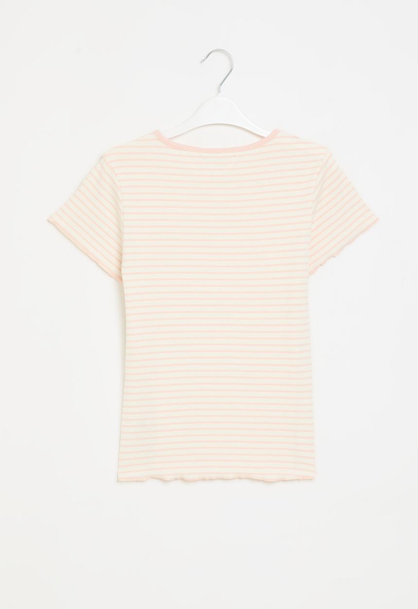 MINOTI - Girls cream pink stripe basic rib tee - cream pink