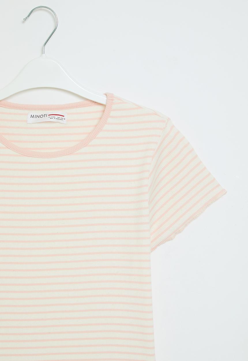 MINOTI - Girls cream pink stripe basic rib tee - cream pink