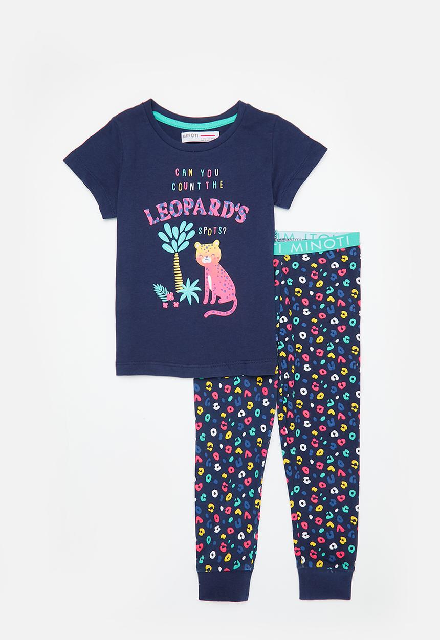 MINOTI - Girls 2 Pack leopards short sleeve long leg pyjama set - navy