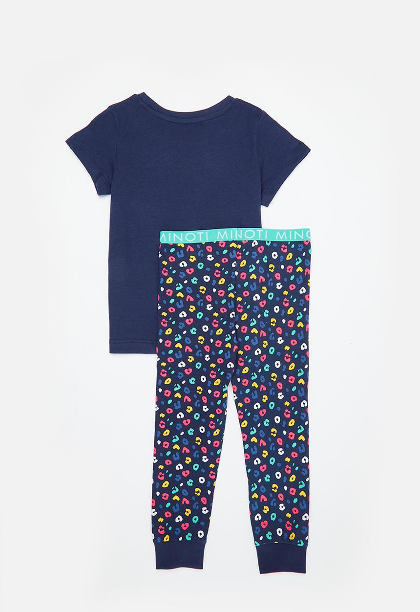 MINOTI - Girls 2 Pack leopards short sleeve long leg pyjama set - navy