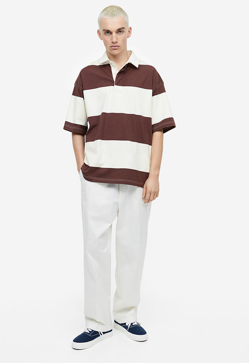 H&M - Oversized fit short-sleeved rugby shirt - brown & white striped 