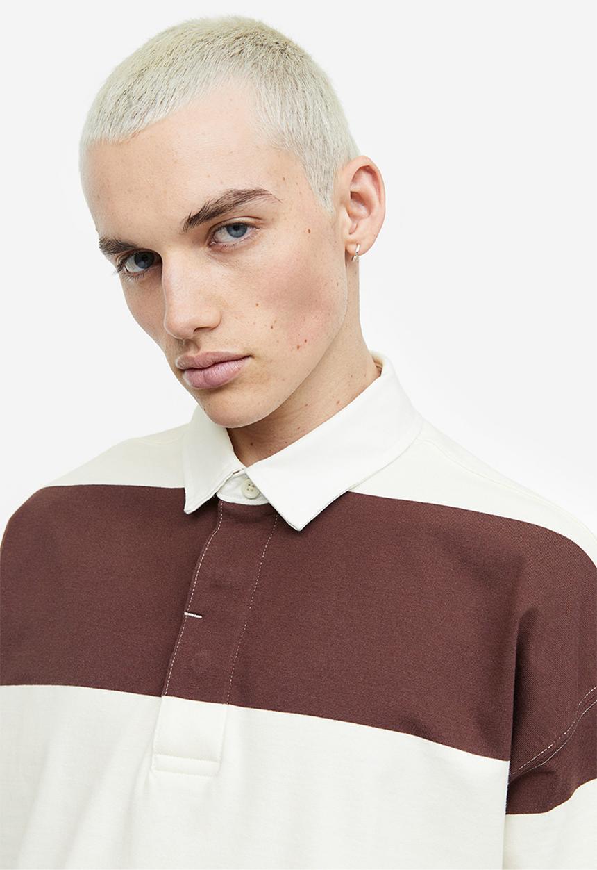 H&M - Oversized fit short-sleeved rugby shirt - brown & white striped 