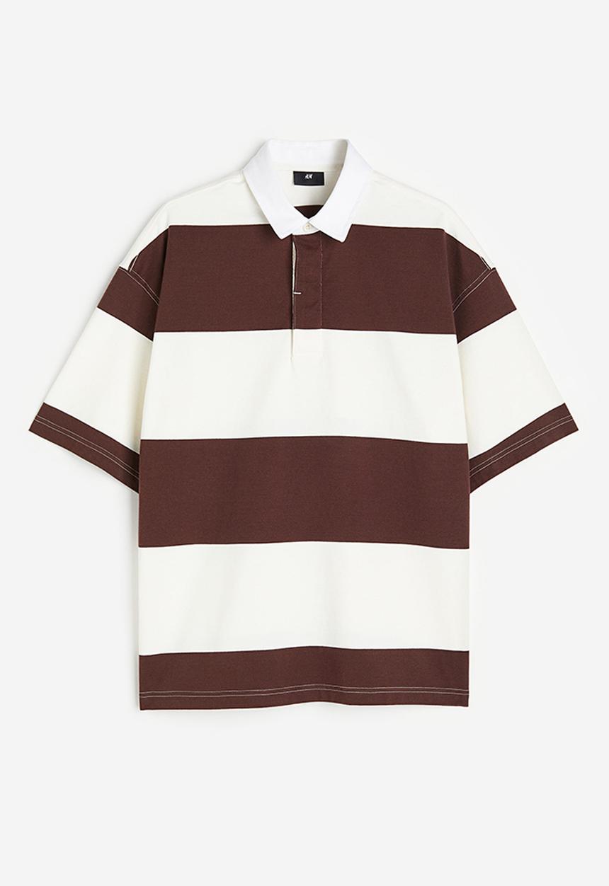H&M - Oversized fit short-sleeved rugby shirt - brown & white striped 