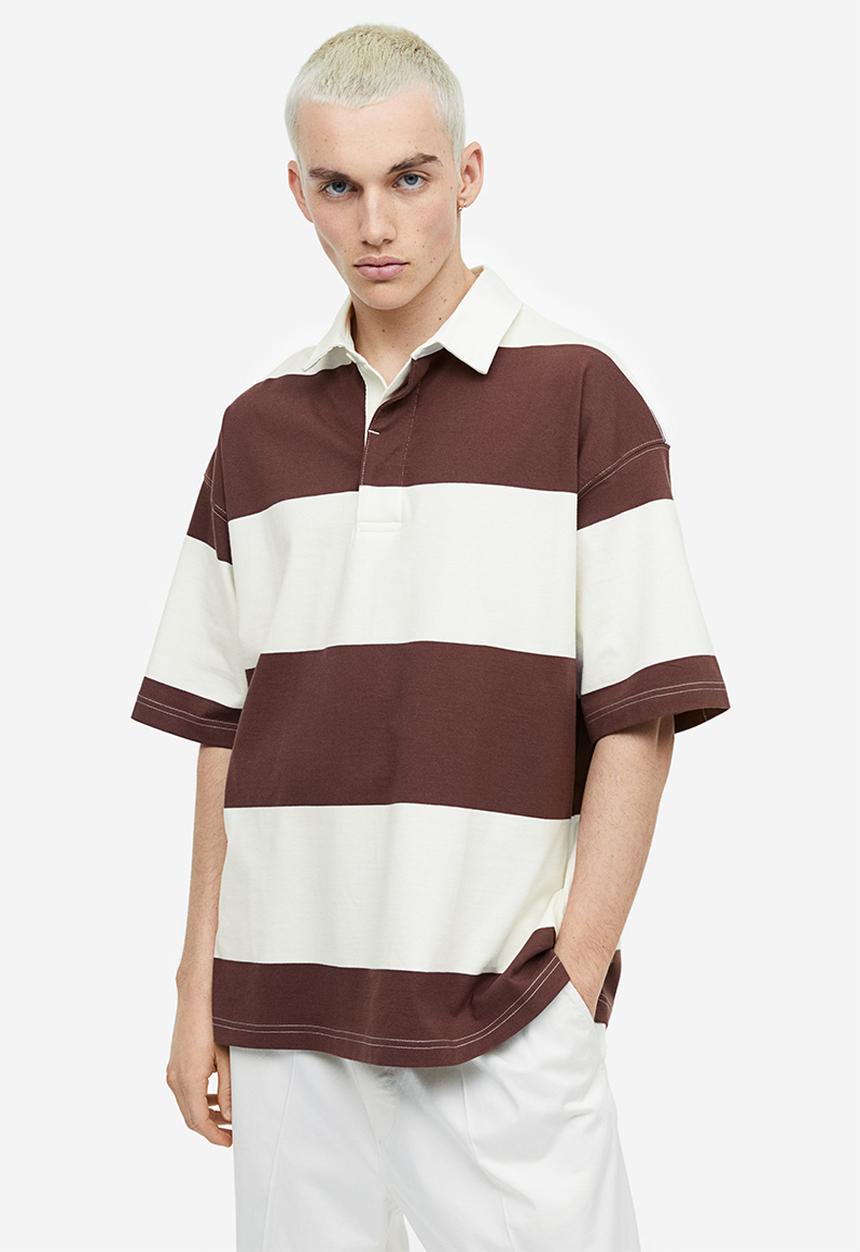 H&M - Oversized fit short-sleeved rugby shirt - brown & white striped 