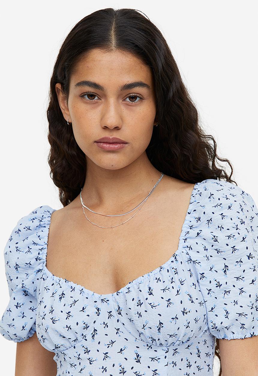H&M - Puff-sleeved crêpe dress - light blue floral 