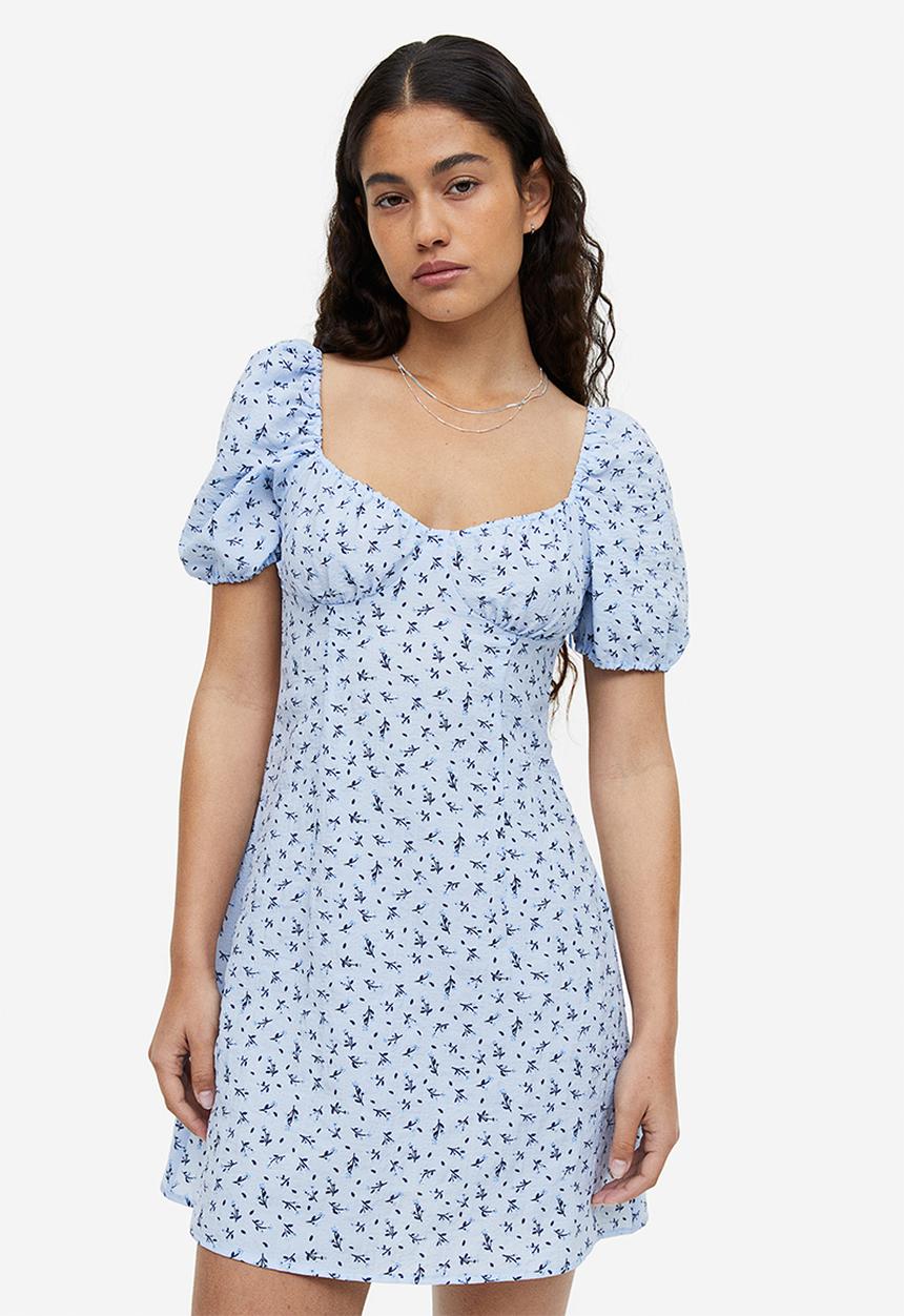 H&M - Puff-sleeved crêpe dress - light blue floral 