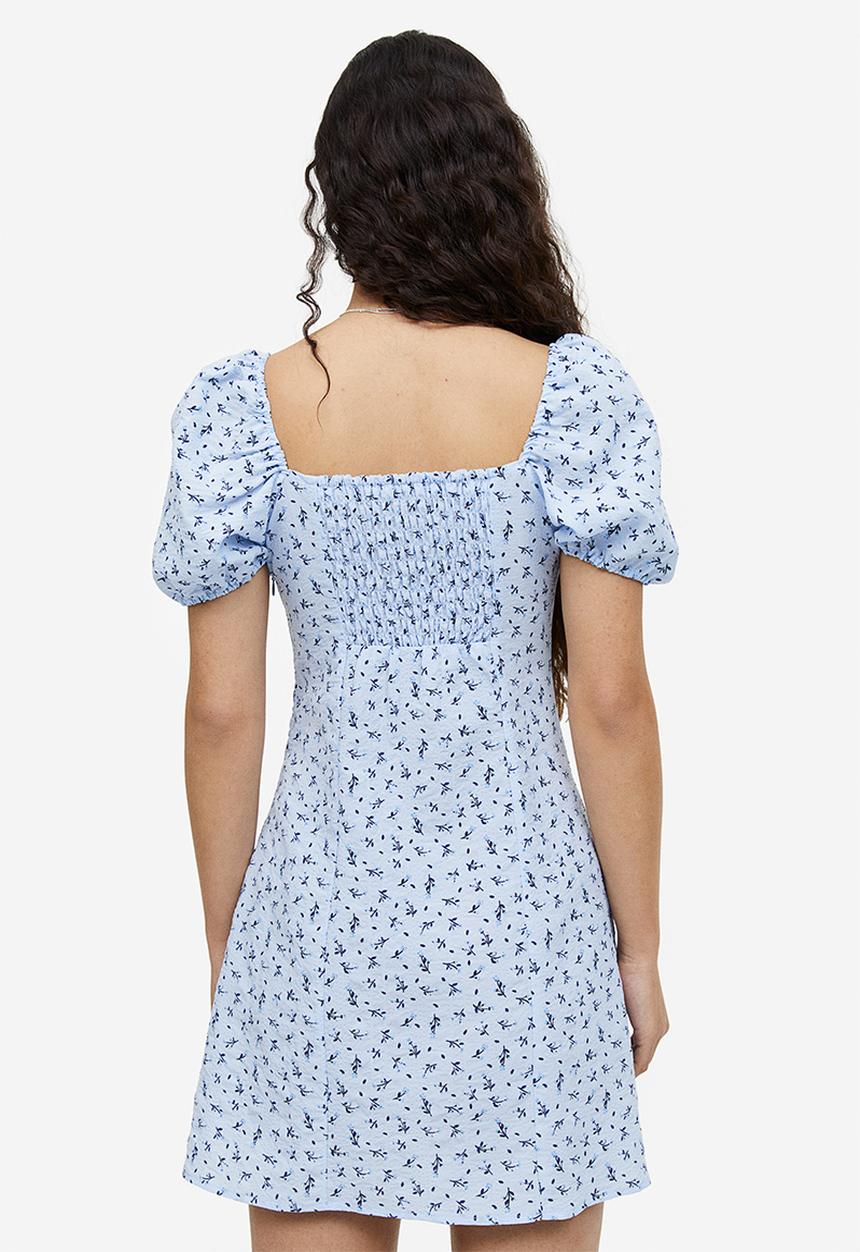 H&M - Puff-sleeved crêpe dress - light blue floral 