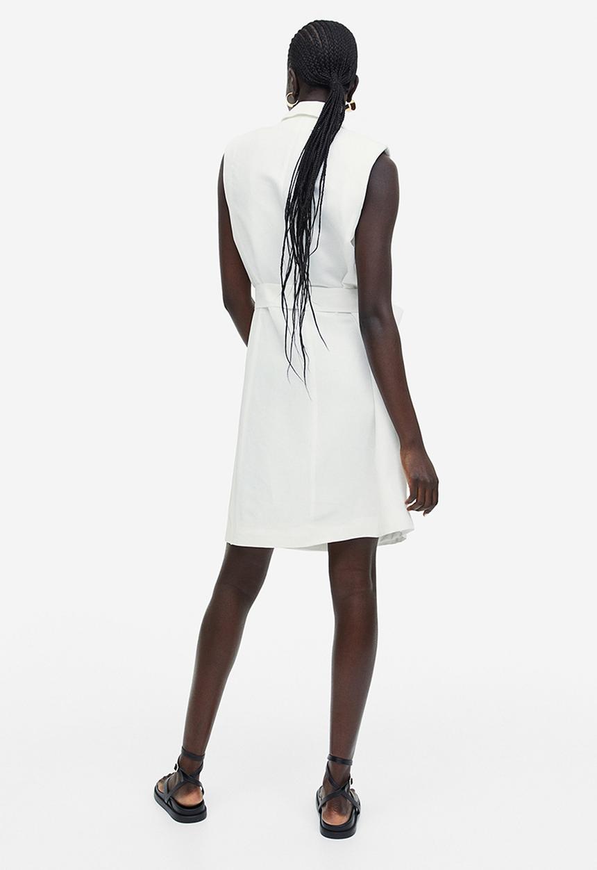 H&M - Linen-blend tie-belt dress - white