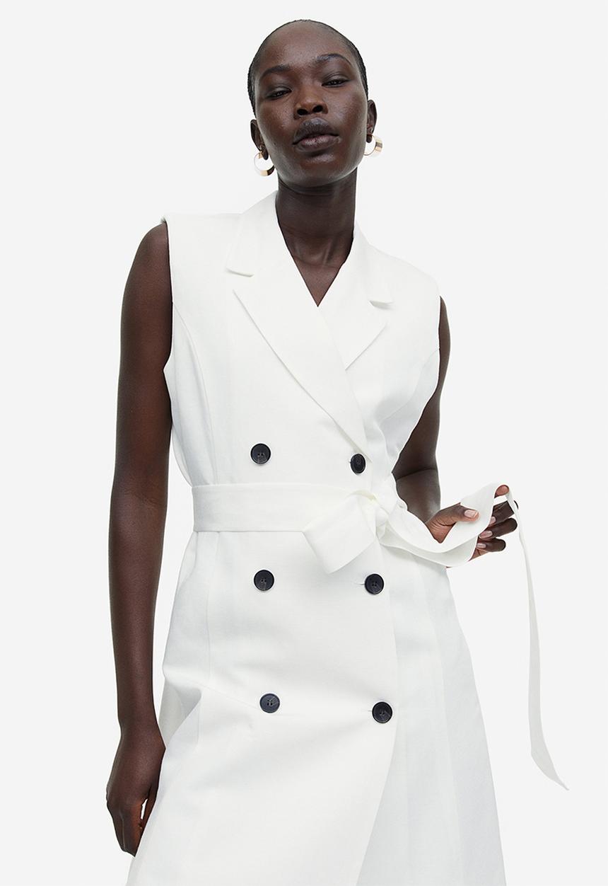 H&M - Linen-blend tie-belt dress - white