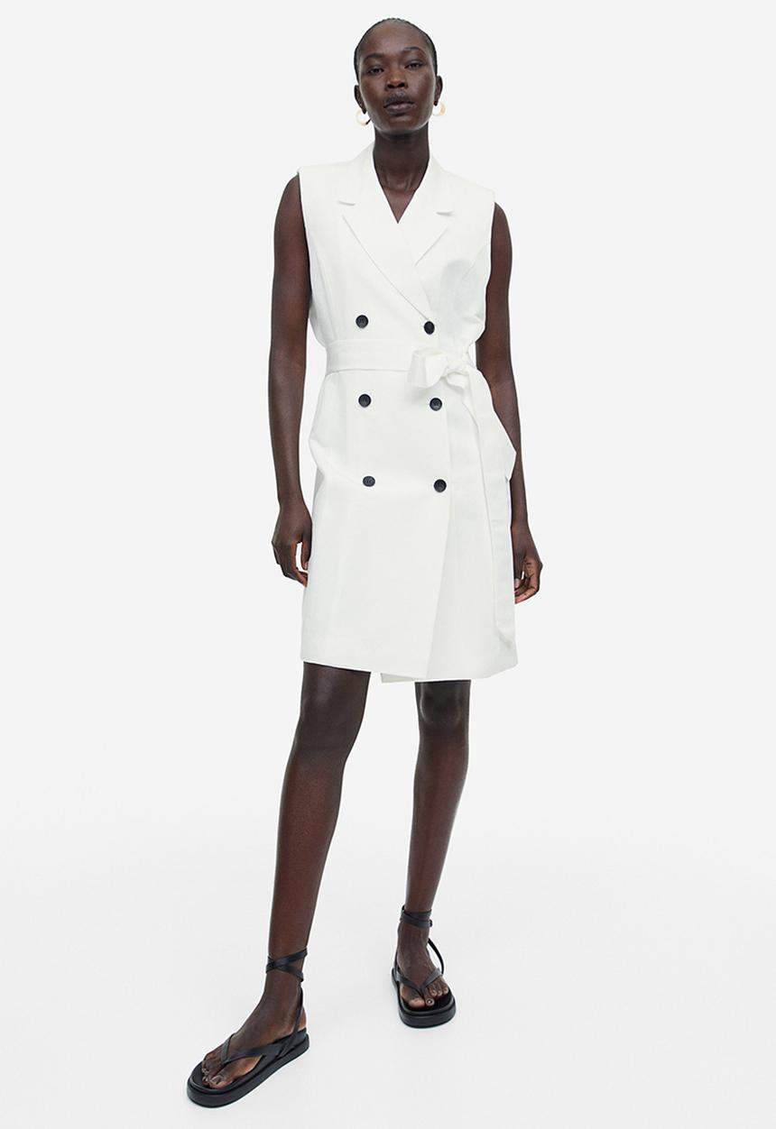 H&M - Linen-blend tie-belt dress - white