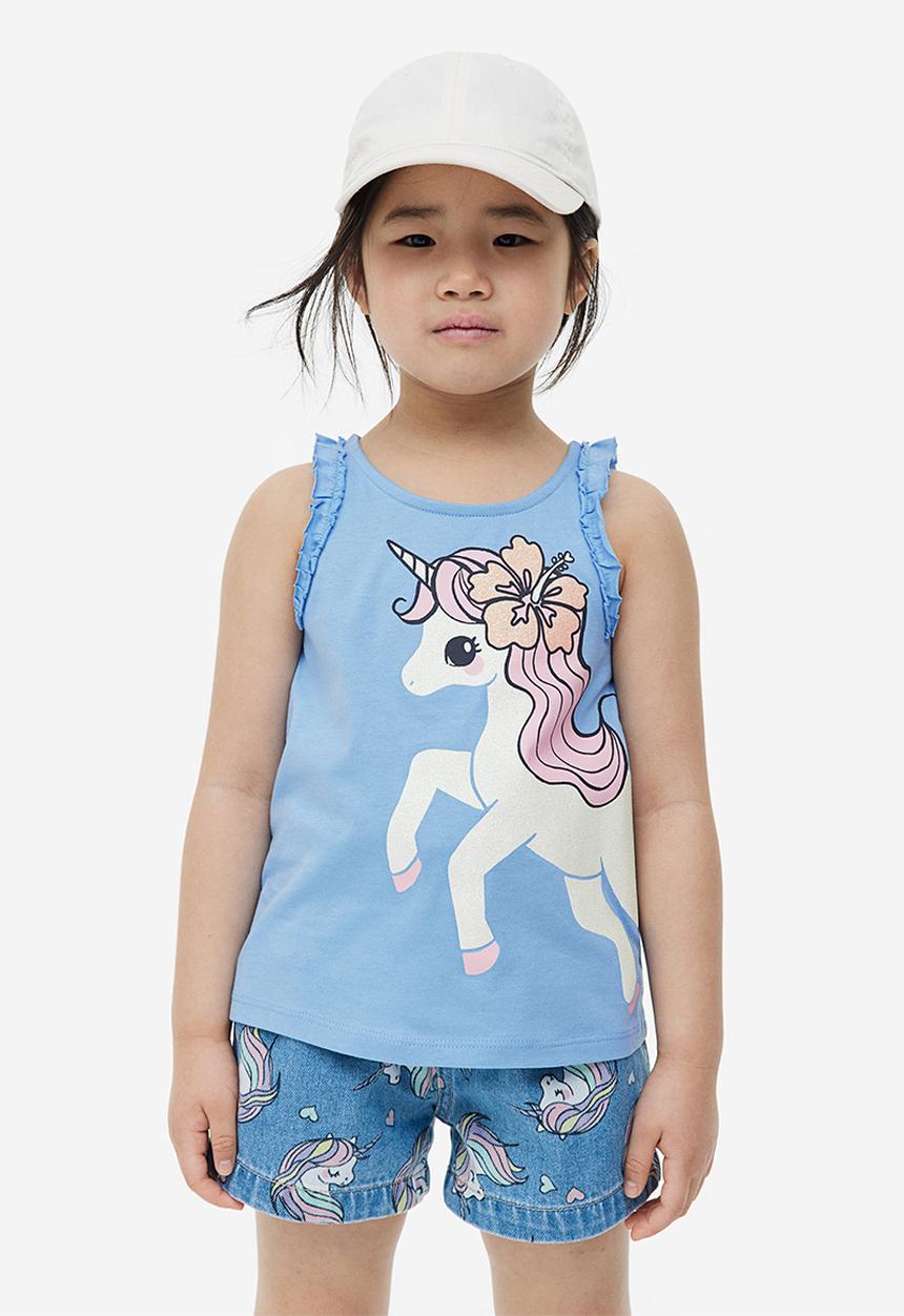 H&M - Frill-trimmed vest top - light blue unicorn