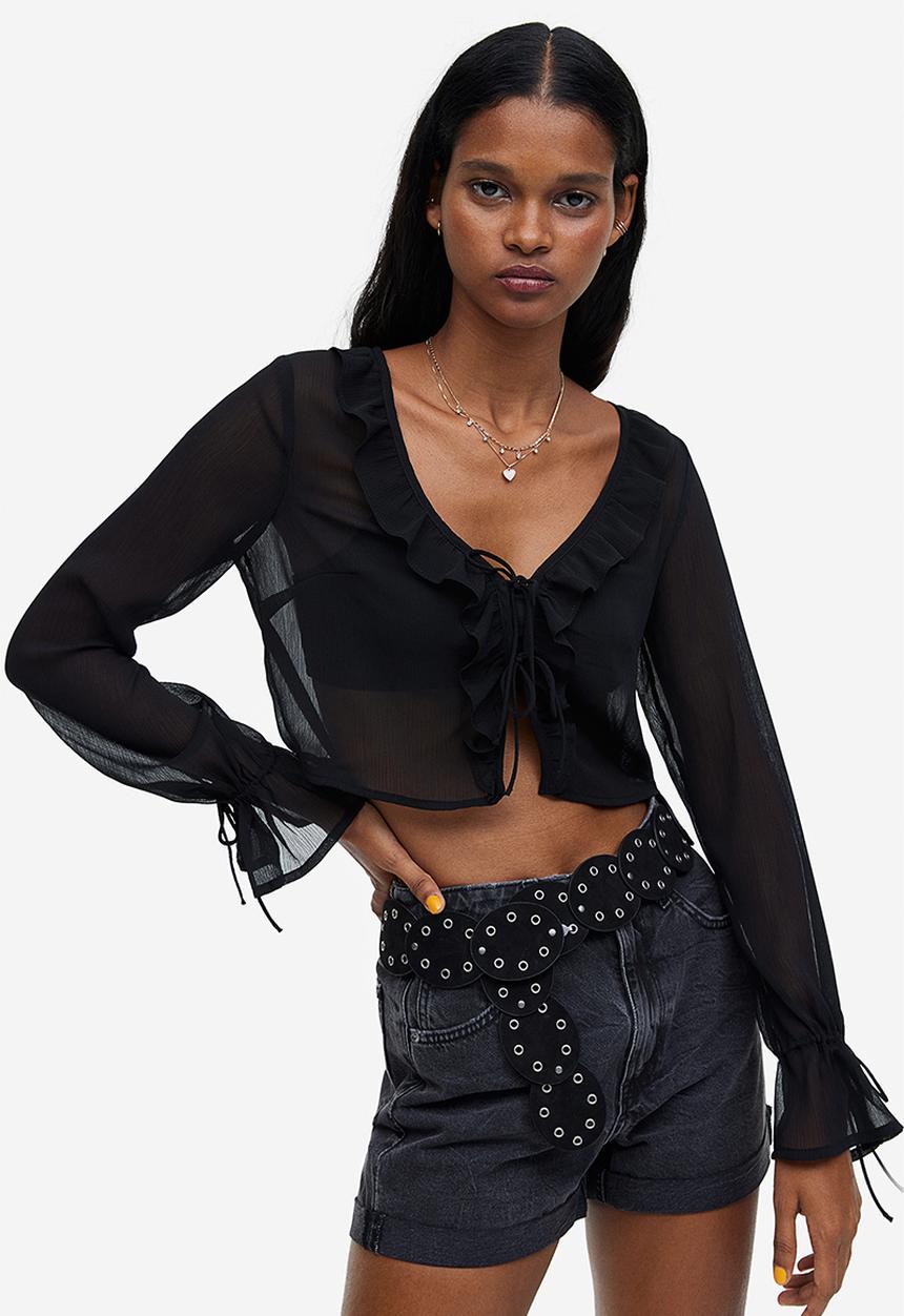 H&M - Frill-trimmed crêpe blouse - black