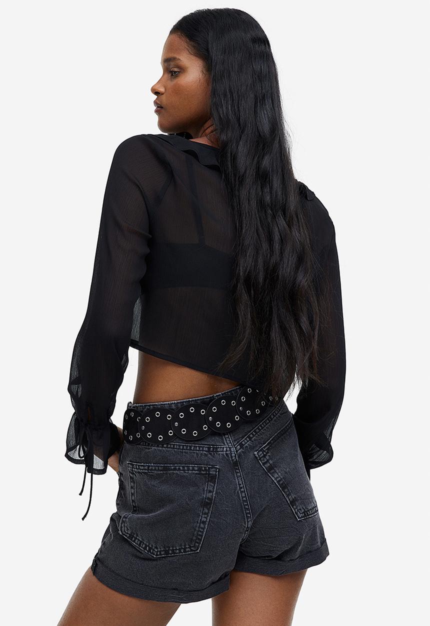 H&M - Frill-trimmed crêpe blouse - black