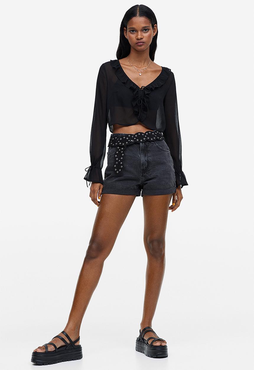 H&M - Frill-trimmed crêpe blouse - black
