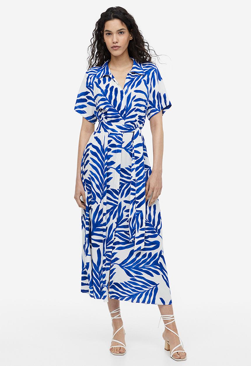 H&M - Tie-belt shirt dress - white blue patterned 