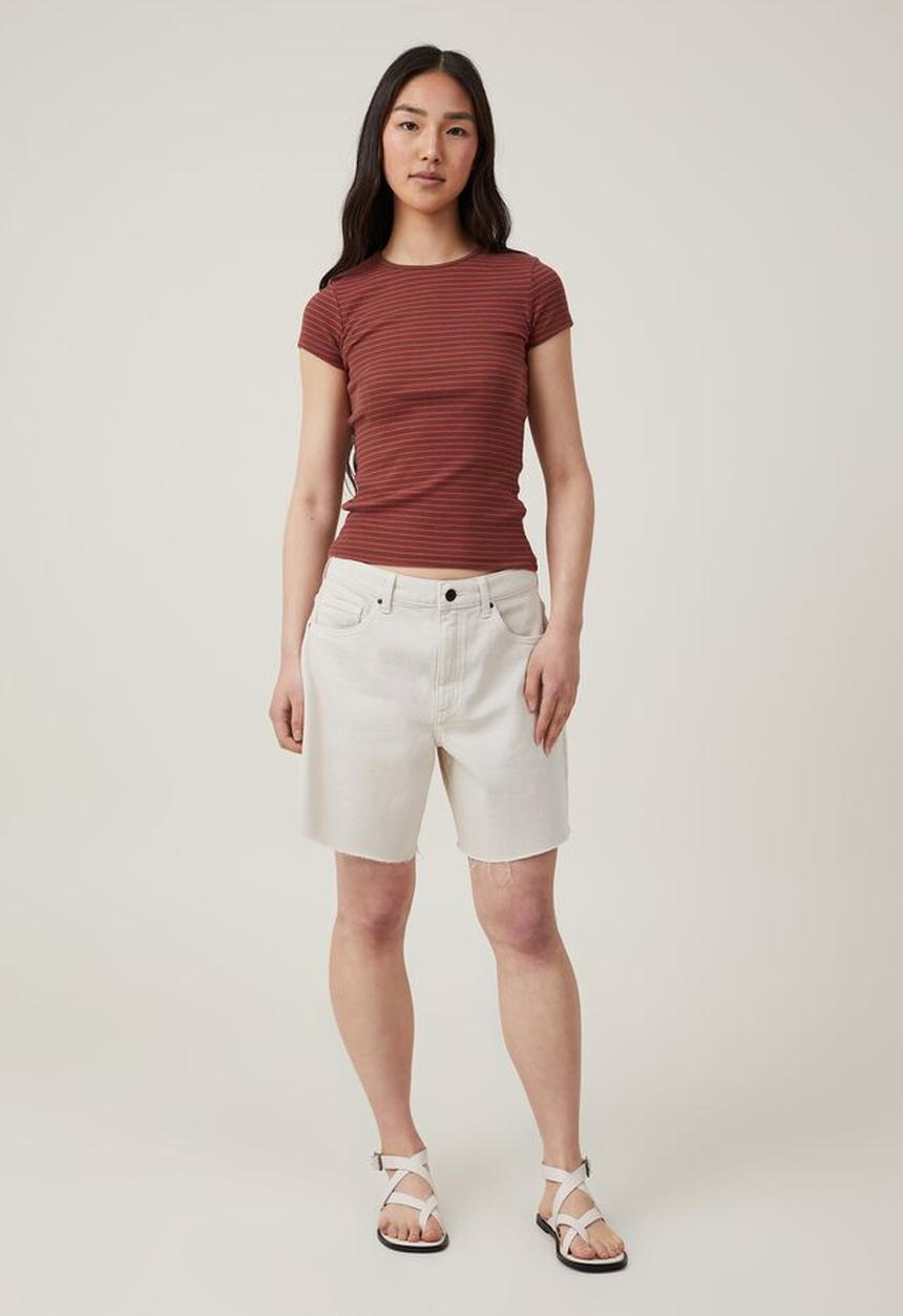 Cotton On - the one organic rib crew short sleeve tee - eliza stripe bottle brown