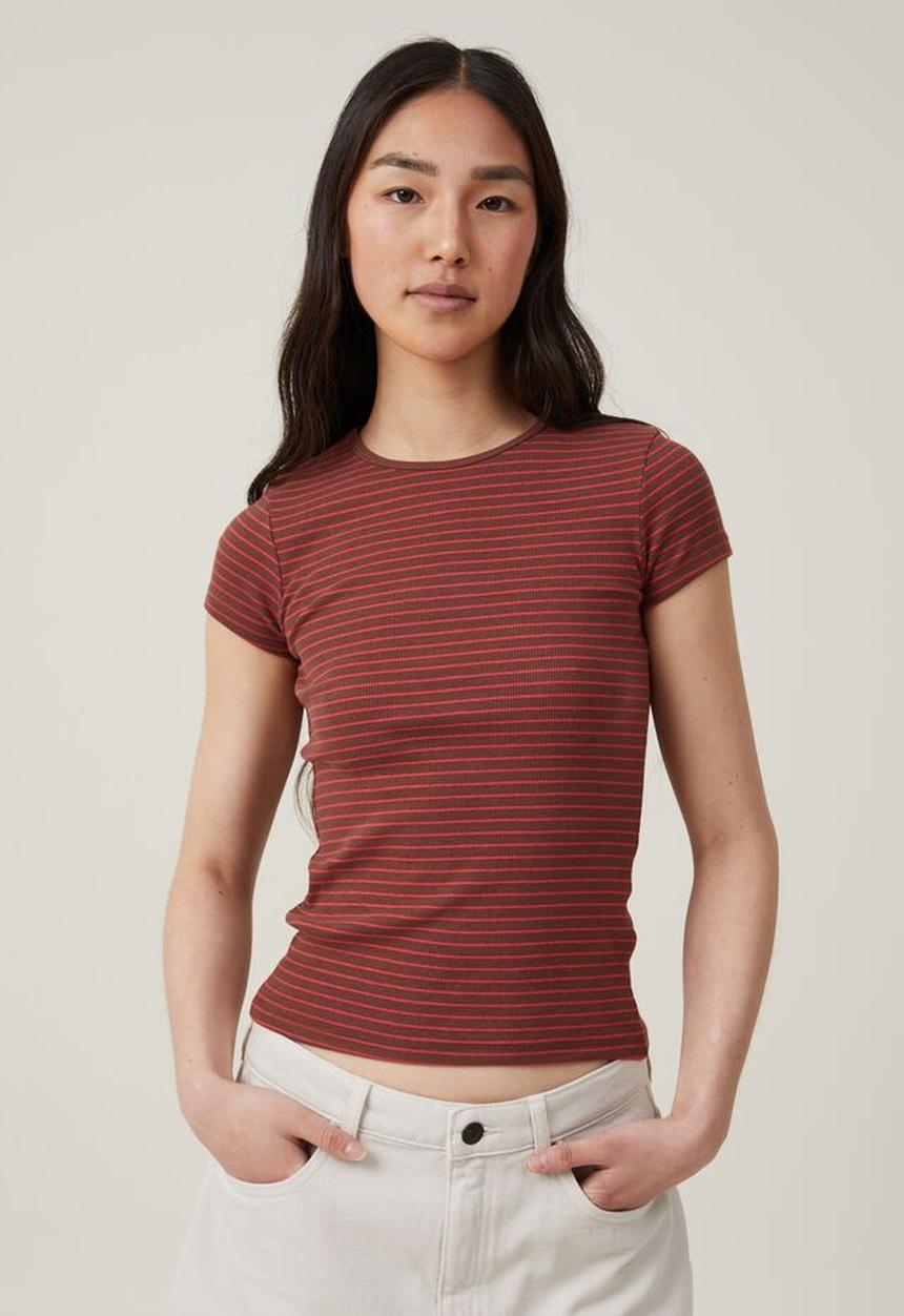 Cotton On - the one organic rib crew short sleeve tee - eliza stripe bottle brown
