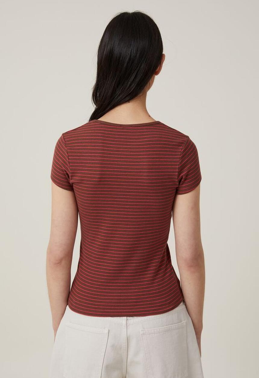 Cotton On - the one organic rib crew short sleeve tee - eliza stripe bottle brown