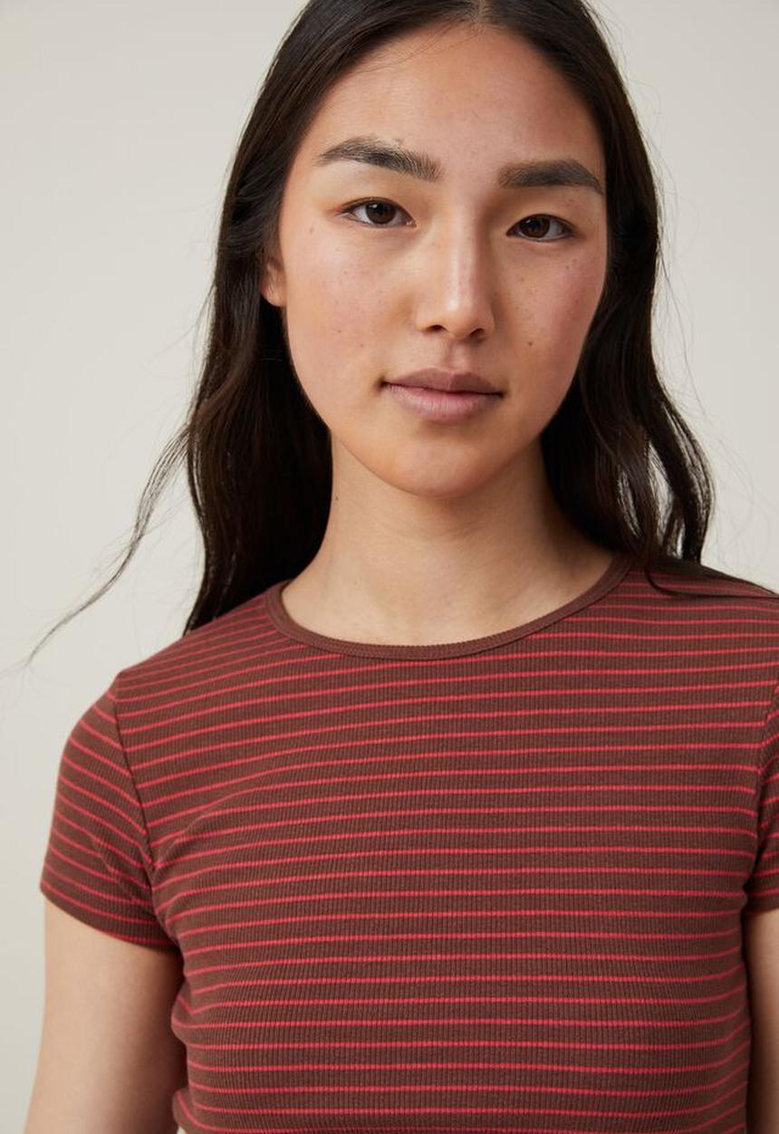 Cotton On - the one organic rib crew short sleeve tee - eliza stripe bottle brown