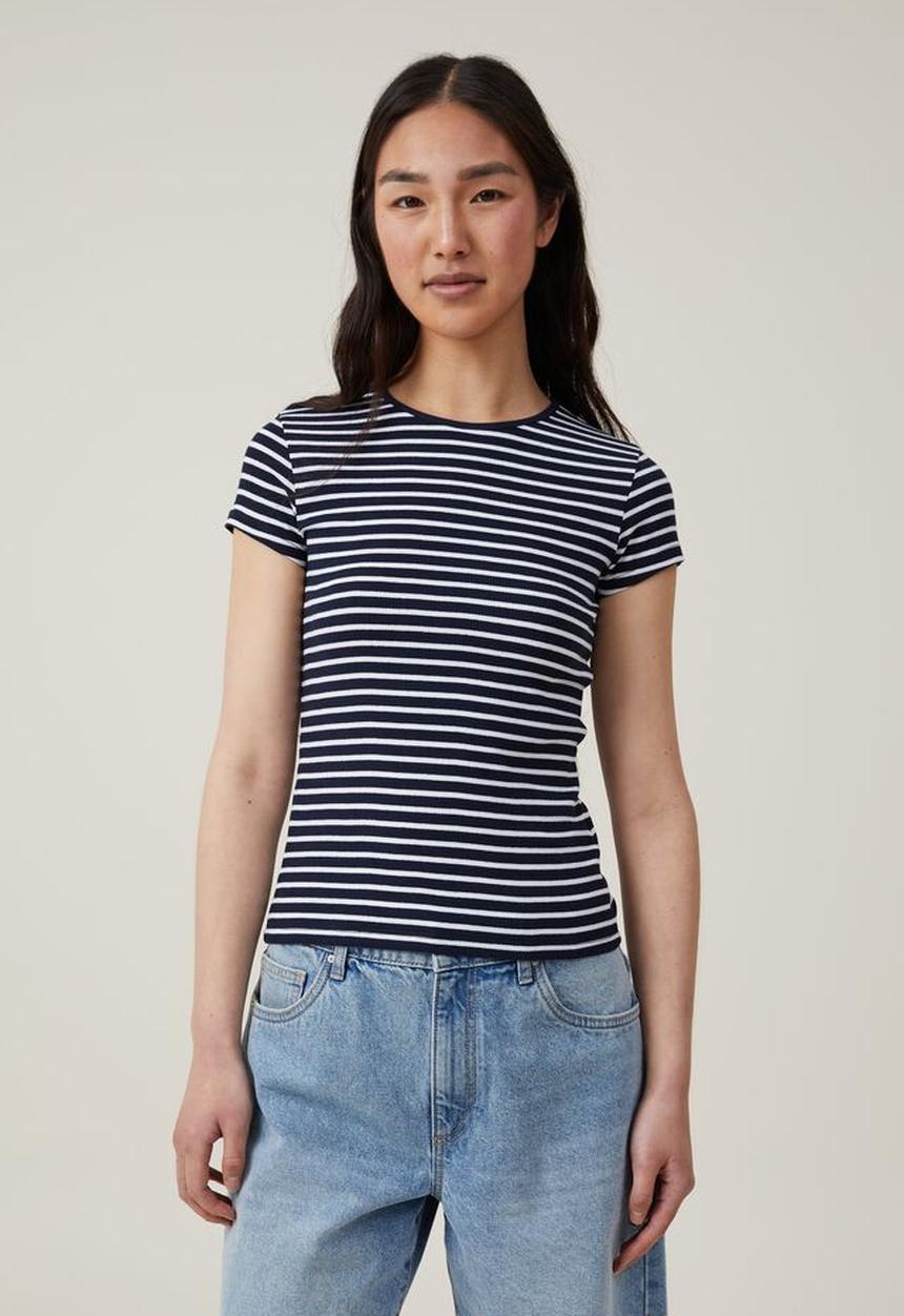 Cotton On - The one organic rib crew short sleeve tee - stripe deep indigo/white