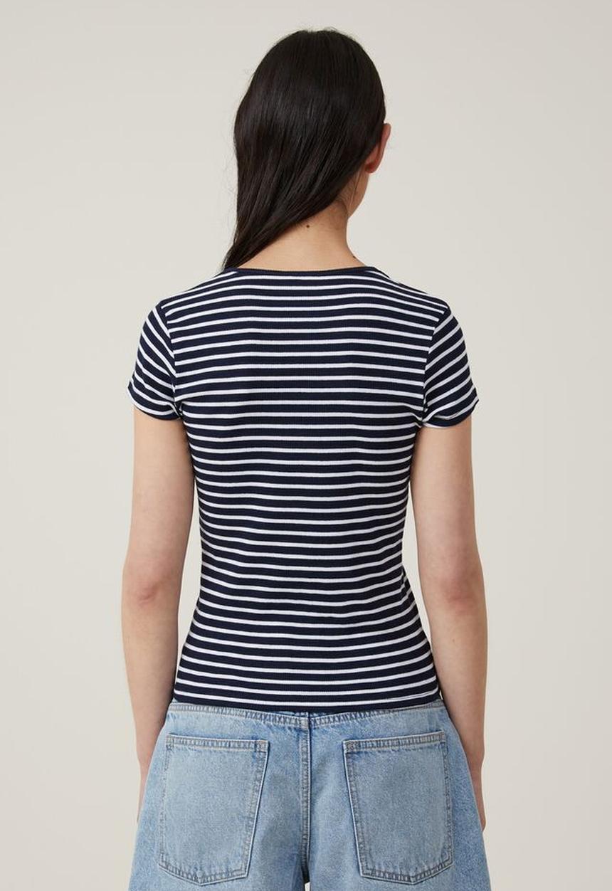 Cotton On - The one organic rib crew short sleeve tee - stripe deep indigo/white