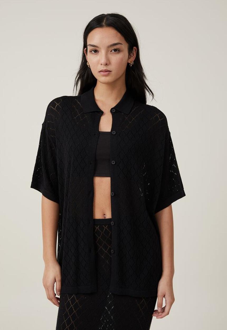 Cotton On - Pointelle knit shirt - black
