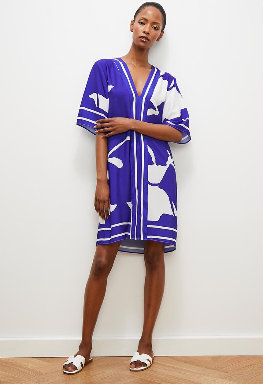 edit - Printed v neck shift dress - blue floral
