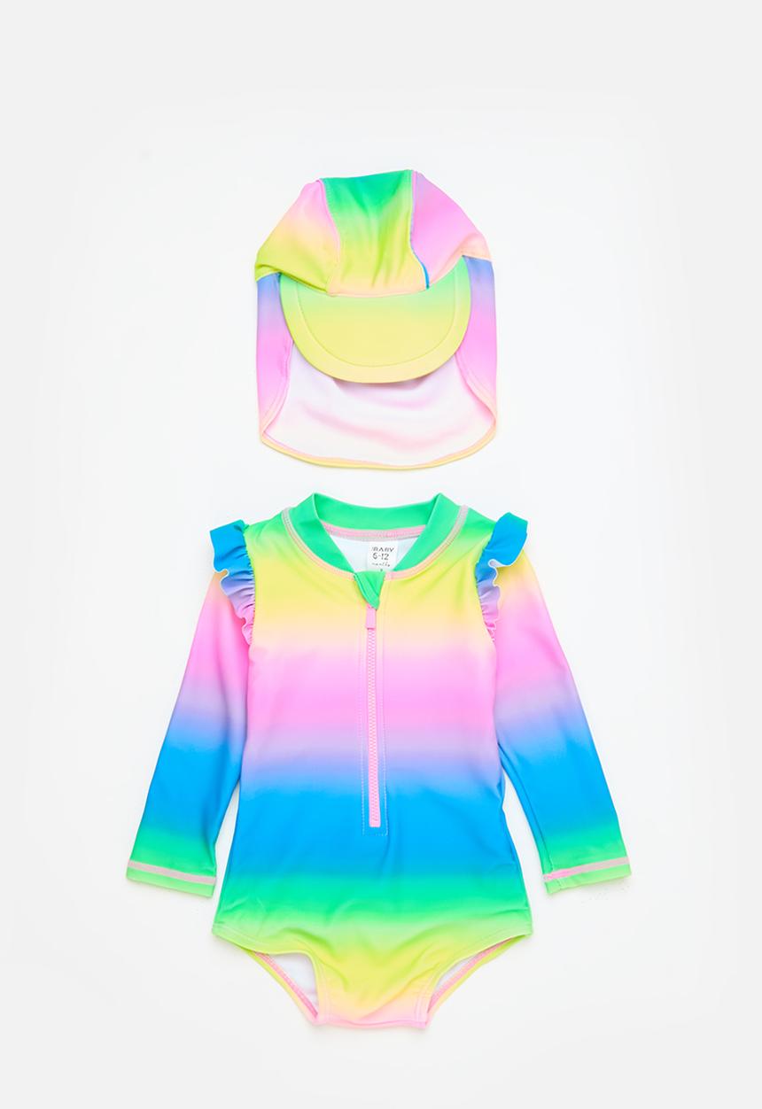Cotton On - Bundle nicky ls swimsuit & sammy swim hat - neon rainbow ombre