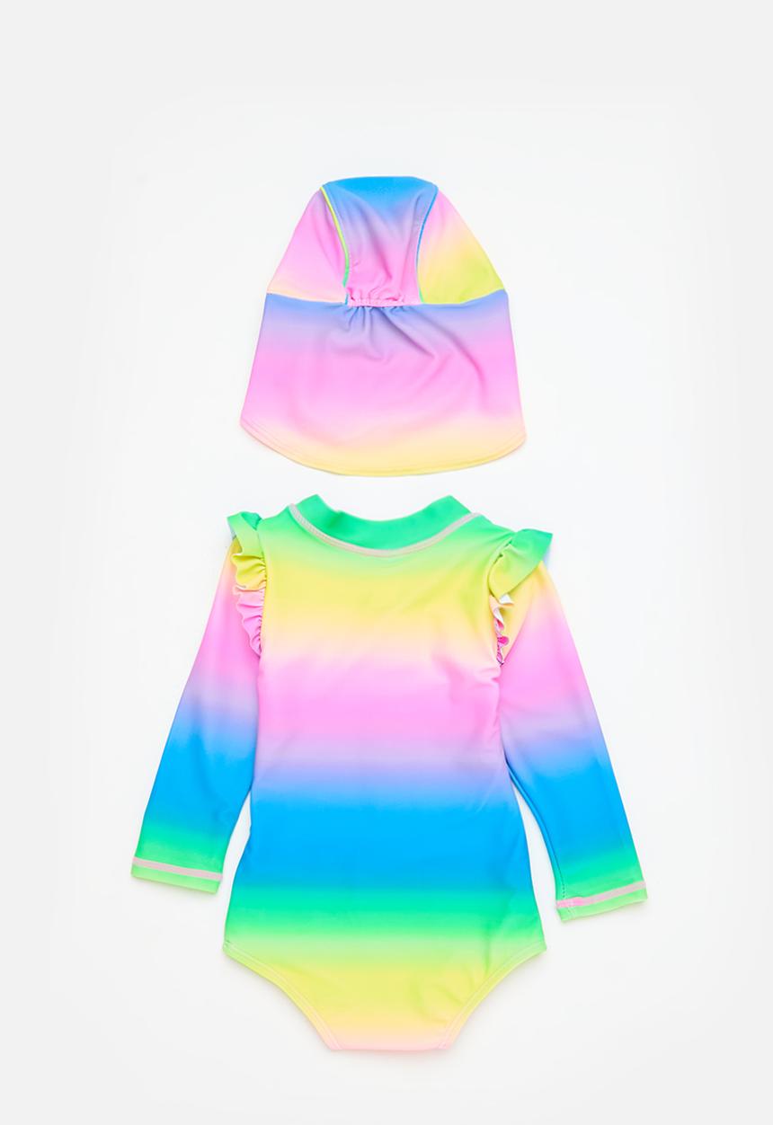 Cotton On - Bundle nicky ls swimsuit & sammy swim hat - neon rainbow ombre