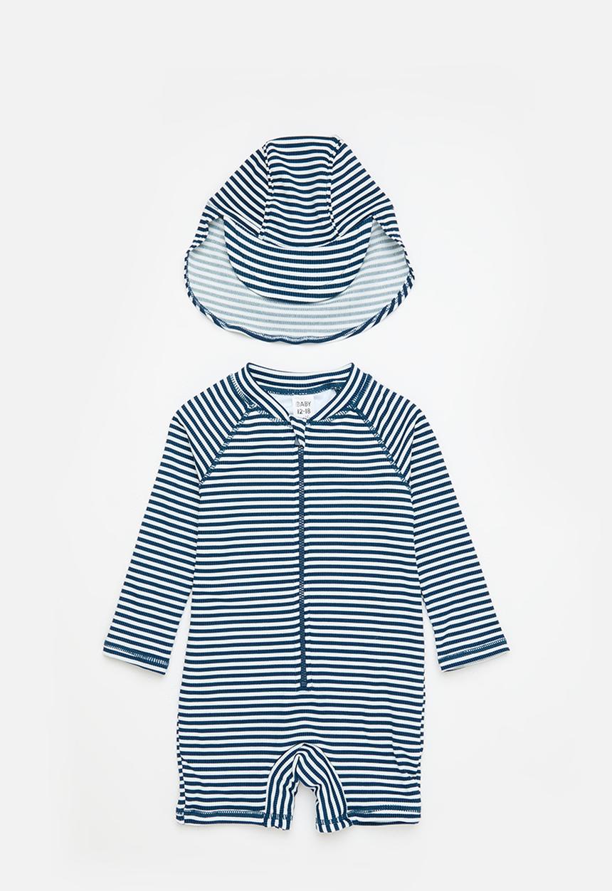 Cotton On - Bundle cameron swimsuit and sammy swim hat - navy & white