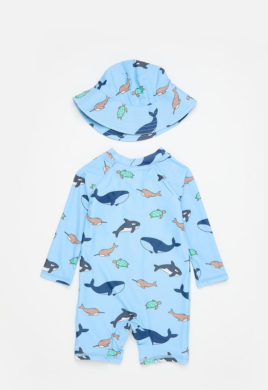 Cotton On - Bundle cameron swimsuit and swim bucket hat - sky haze/whaley waters