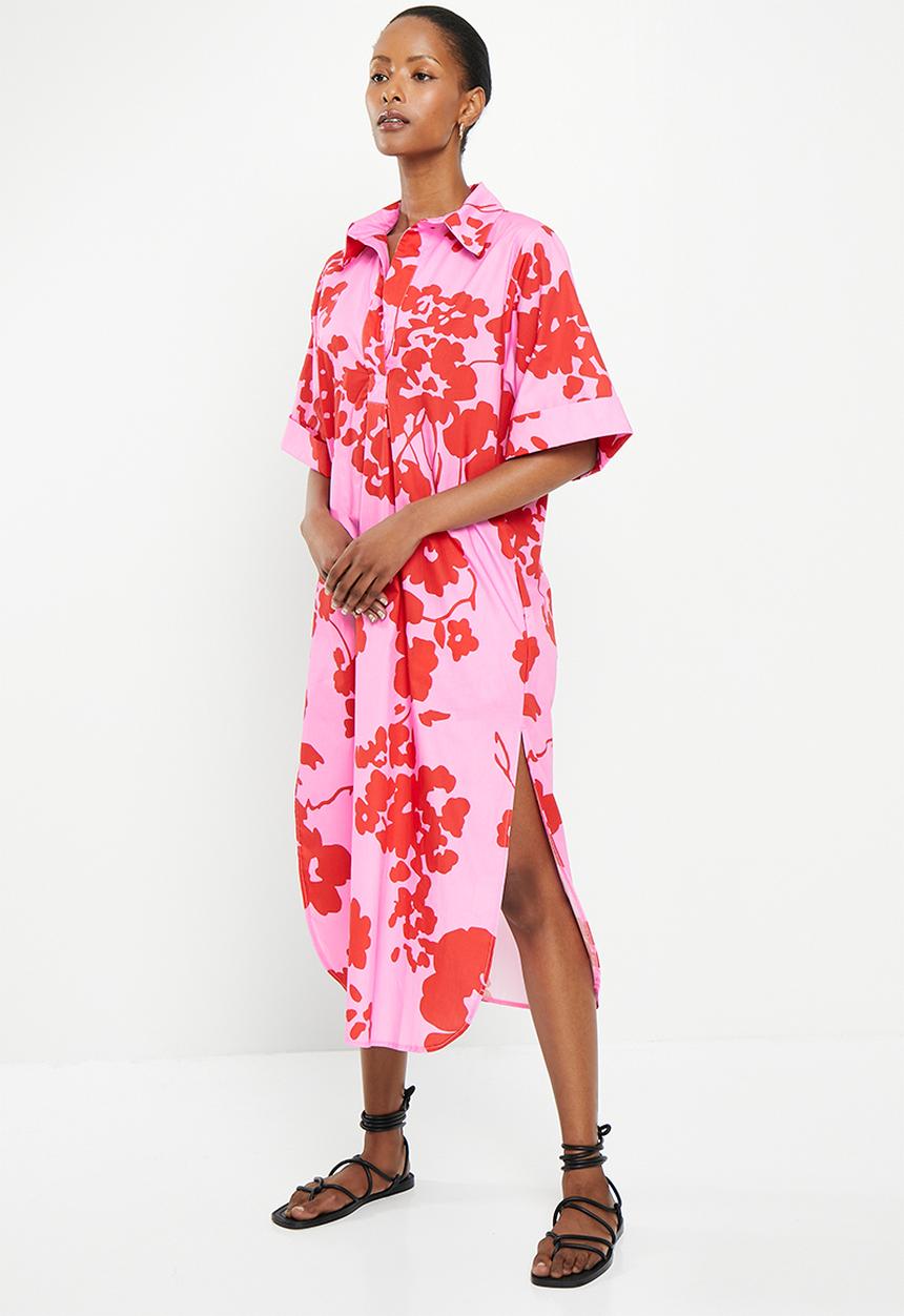 Me&B - Cotton tunic shirt dress - red & pink floral