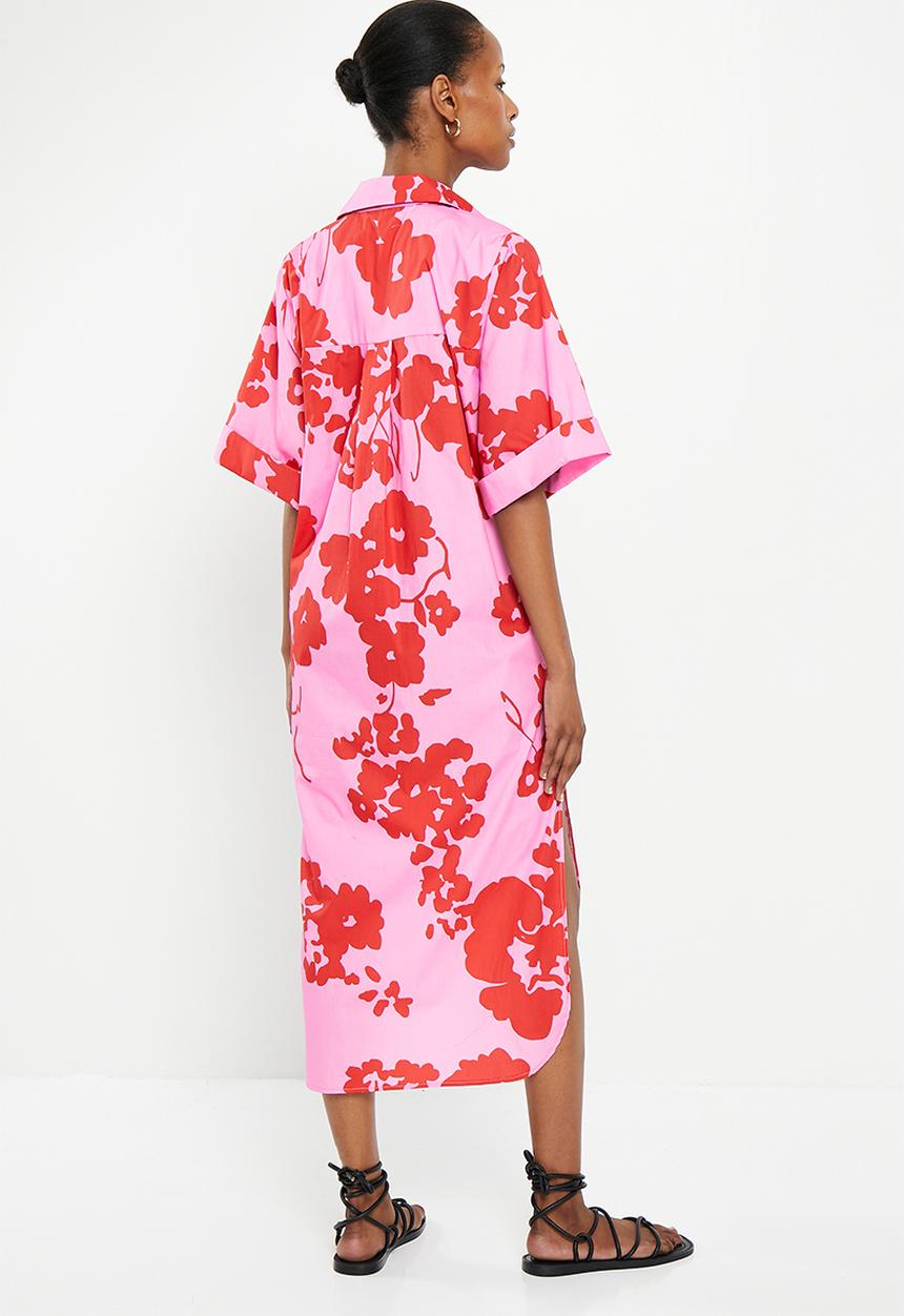Me&B - Cotton tunic shirt dress - red & pink floral