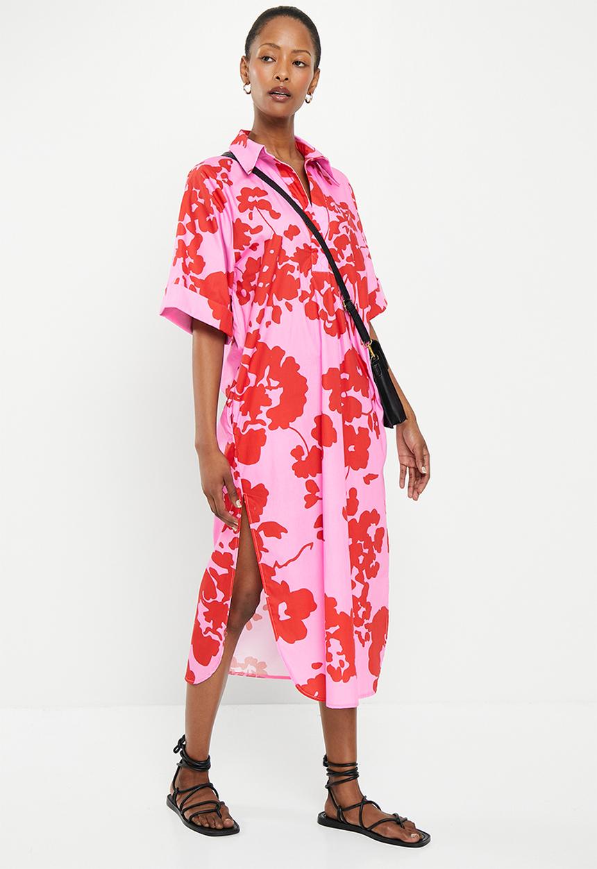 Me&B - Cotton tunic shirt dress - red & pink floral