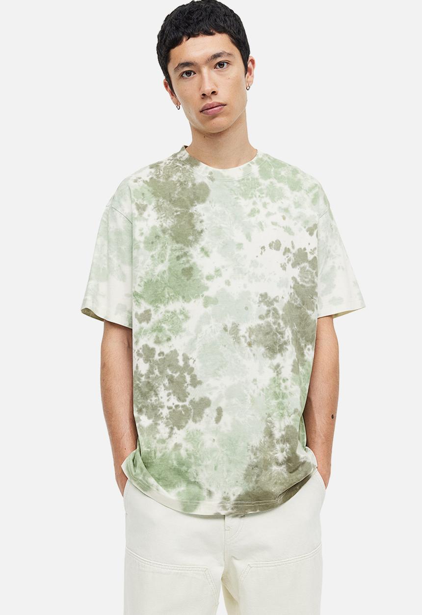 H&M - Relaxed fit patterned cotton t-shirt - khaki green tie-dye