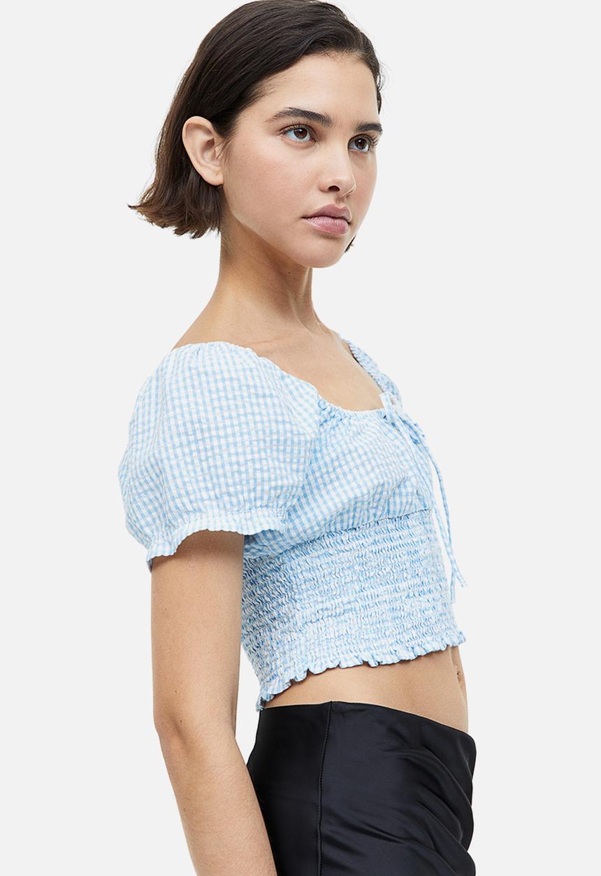 H&M - Puff-sleeved smocked blouse - light blue checked